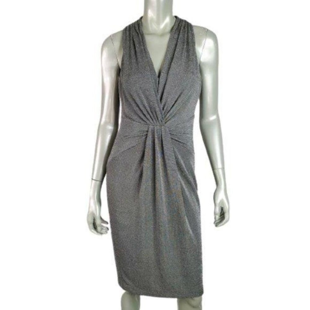 Ann Klein Silver Metallic Dress Size 4 Side Zip Gathered Front VNeck Knee Length